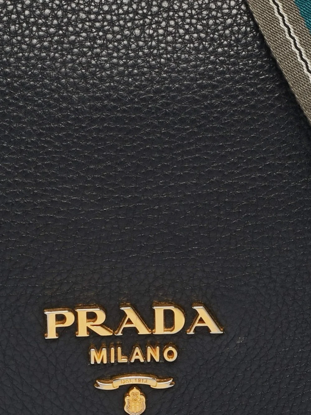 Prada Black Pebbled Leather Crossbody with Striped Webbing Strap